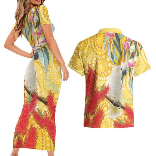 Sulphur-Crested Cockatoo Australia Aboriginal Art Couples Matching Short Sleeve Bodycon Dress and Hawaiian Shirt NAIDOC Week - Nature Lovers