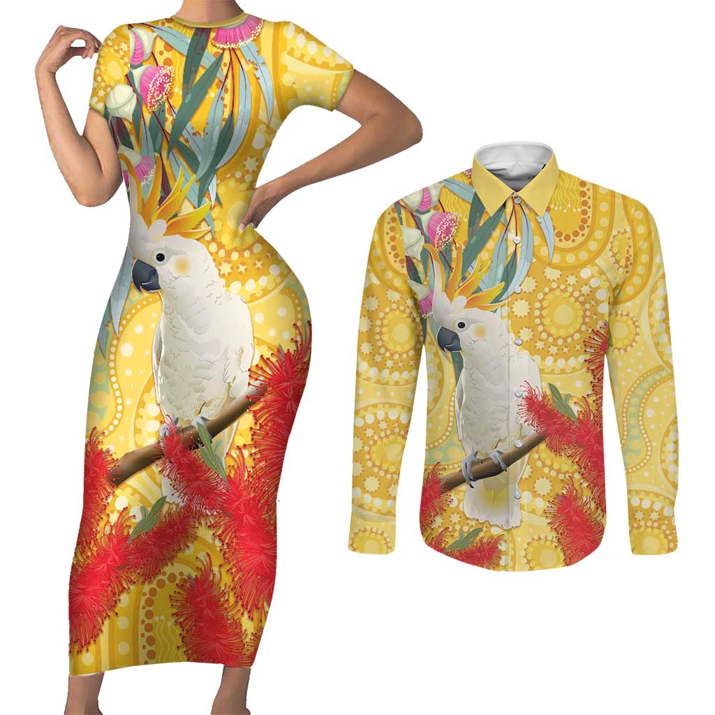 Sulphur-Crested Cockatoo Australia Aboriginal Art Couples Matching Short Sleeve Bodycon Dress and Long Sleeve Button Shirt NAIDOC Week - Nature Lovers