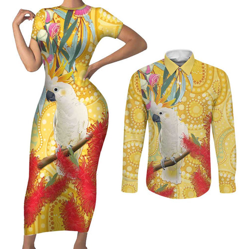 Sulphur-Crested Cockatoo Australia Aboriginal Art Couples Matching Short Sleeve Bodycon Dress and Long Sleeve Button Shirt NAIDOC Week - Nature Lovers
