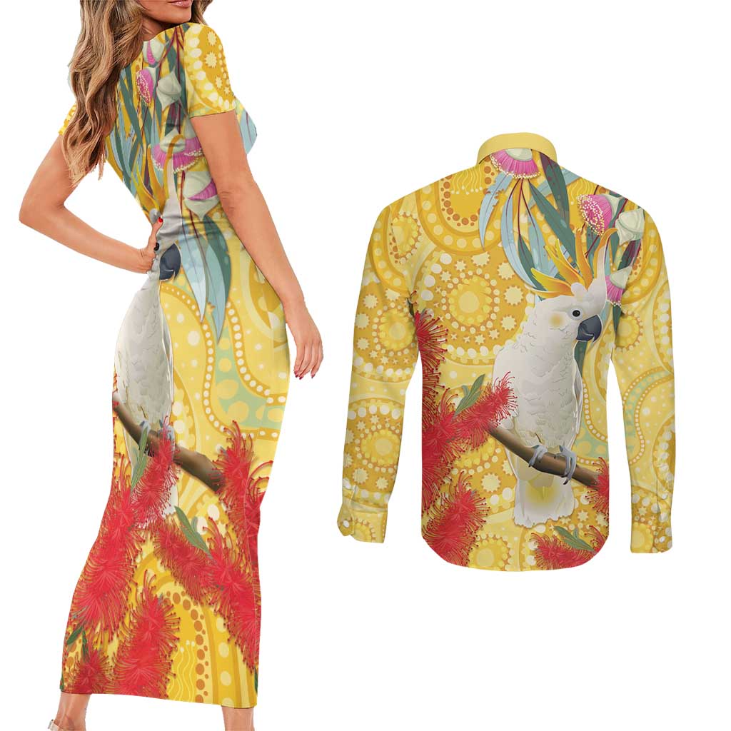 Sulphur-Crested Cockatoo Australia Aboriginal Art Couples Matching Short Sleeve Bodycon Dress and Long Sleeve Button Shirt NAIDOC Week - Nature Lovers