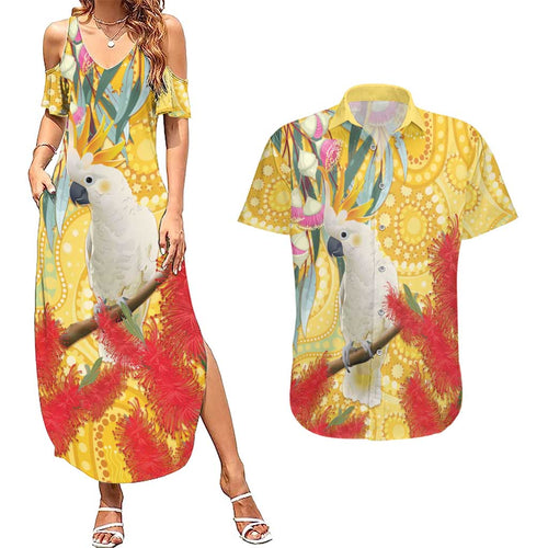 Sulphur-Crested Cockatoo Australia Aboriginal Art Couples Matching Summer Maxi Dress and Hawaiian Shirt NAIDOC Week - Nature Lovers