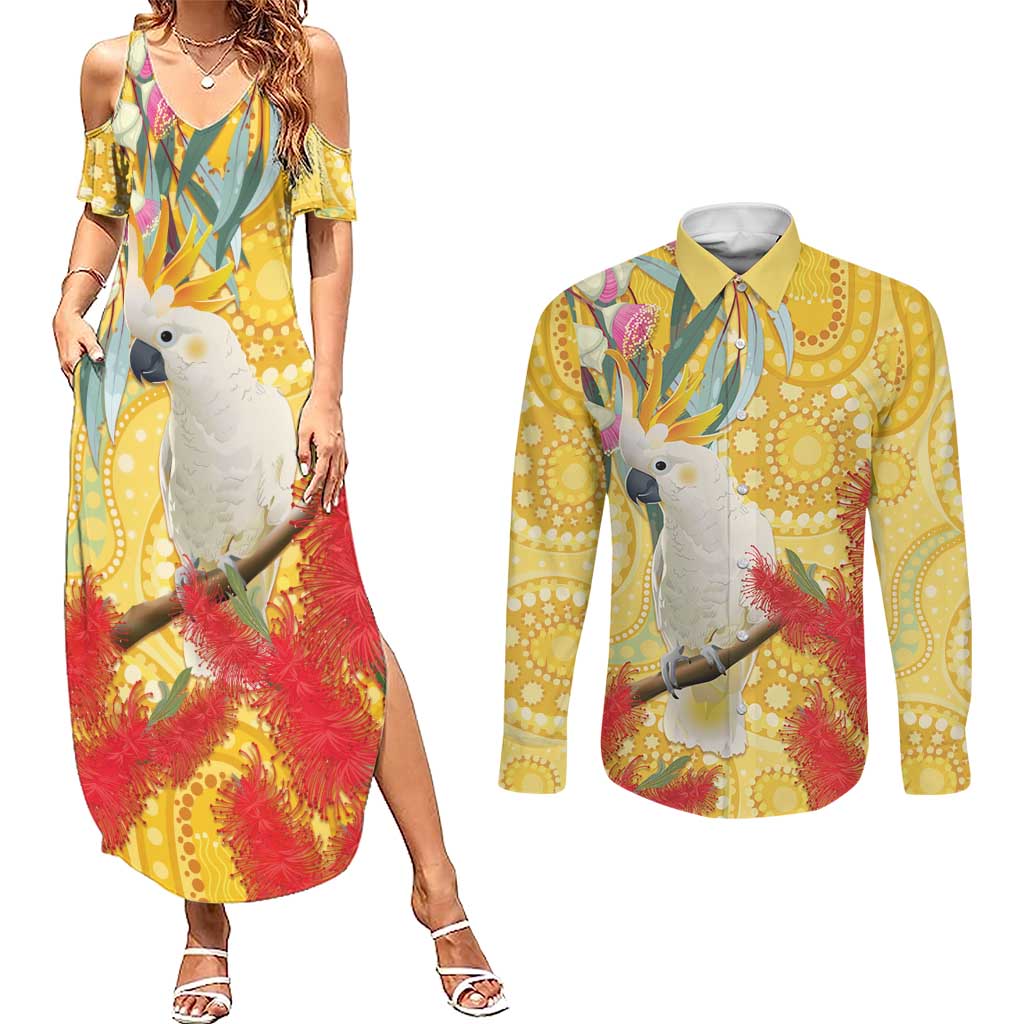 Sulphur-Crested Cockatoo Australia Aboriginal Art Couples Matching Summer Maxi Dress and Long Sleeve Button Shirt NAIDOC Week - Nature Lovers