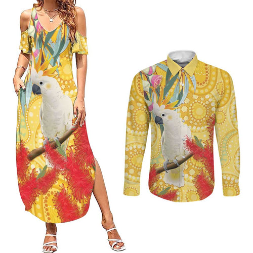 Sulphur-Crested Cockatoo Australia Aboriginal Art Couples Matching Summer Maxi Dress and Long Sleeve Button Shirt NAIDOC Week - Nature Lovers