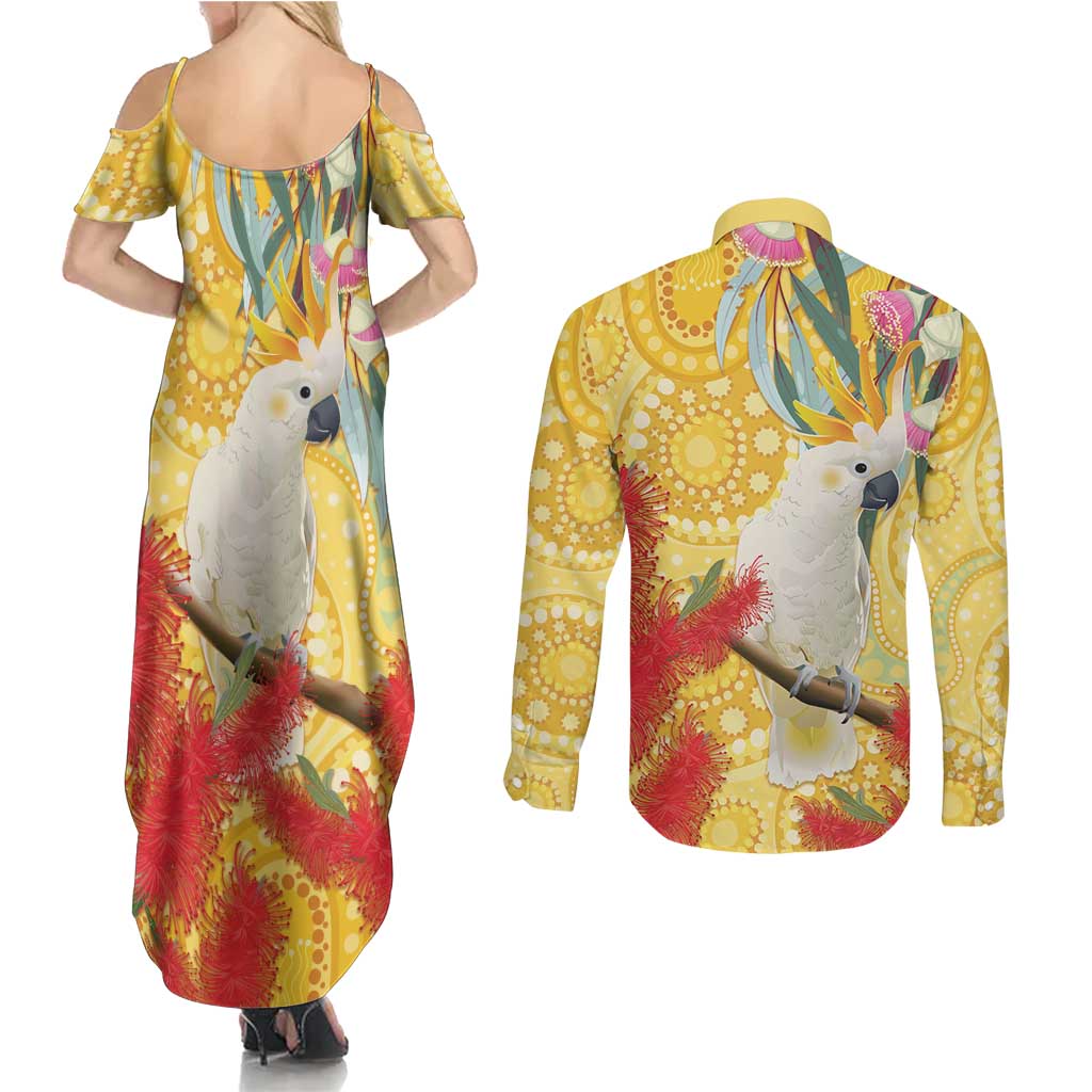 Sulphur-Crested Cockatoo Australia Aboriginal Art Couples Matching Summer Maxi Dress and Long Sleeve Button Shirt NAIDOC Week - Nature Lovers