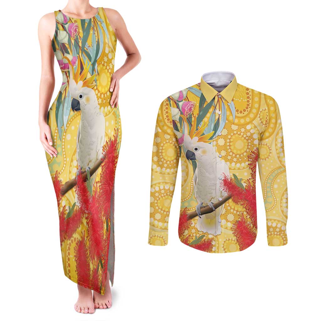Sulphur-Crested Cockatoo Australia Aboriginal Art Couples Matching Tank Maxi Dress and Long Sleeve Button Shirt NAIDOC Week - Nature Lovers