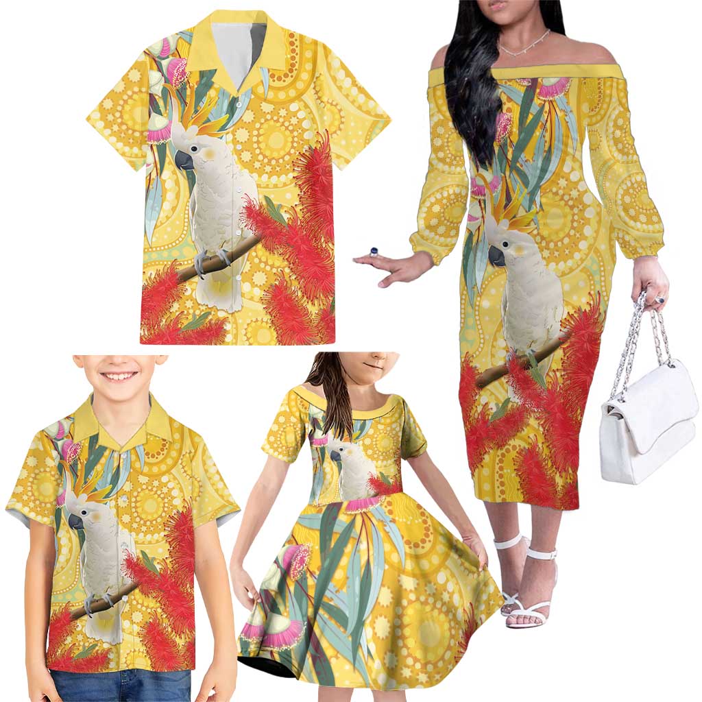 Sulphur-Crested Cockatoo Australia Aboriginal Art Family Matching Off The Shoulder Long Sleeve Dress and Hawaiian Shirt NAIDOC Week - Nature Lovers