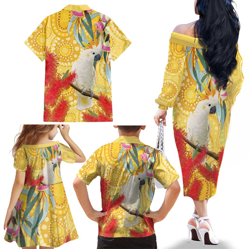 Sulphur-Crested Cockatoo Australia Aboriginal Art Family Matching Off The Shoulder Long Sleeve Dress and Hawaiian Shirt NAIDOC Week - Nature Lovers