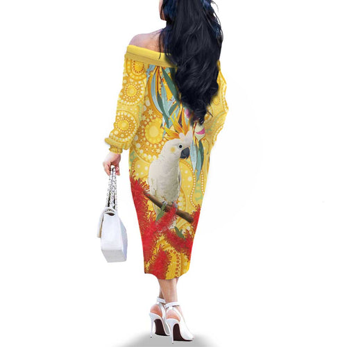 Sulphur-Crested Cockatoo Australia Aboriginal Art Family Matching Off The Shoulder Long Sleeve Dress and Hawaiian Shirt NAIDOC Week - Nature Lovers