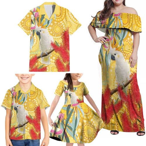 Sulphur-Crested Cockatoo Australia Aboriginal Art Family Matching Off Shoulder Maxi Dress and Hawaiian Shirt NAIDOC Week - Nature Lovers