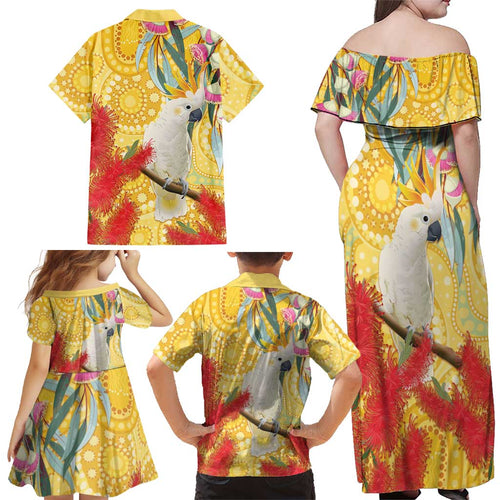 Sulphur-Crested Cockatoo Australia Aboriginal Art Family Matching Off Shoulder Maxi Dress and Hawaiian Shirt NAIDOC Week - Nature Lovers