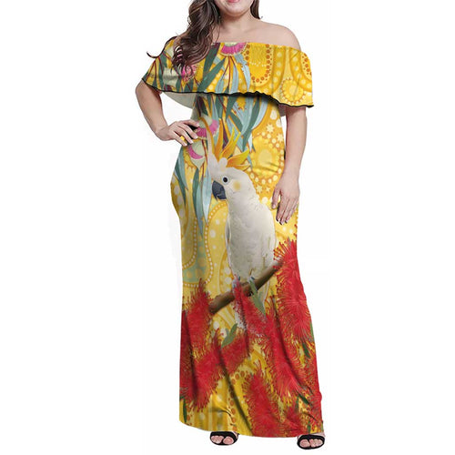 Sulphur-Crested Cockatoo Australia Aboriginal Art Family Matching Off Shoulder Maxi Dress and Hawaiian Shirt NAIDOC Week - Nature Lovers