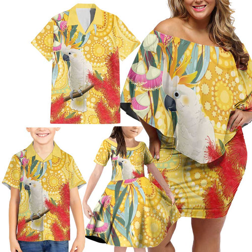 Sulphur-Crested Cockatoo Australia Aboriginal Art Family Matching Off Shoulder Short Dress and Hawaiian Shirt NAIDOC Week - Nature Lovers