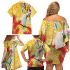 Sulphur-Crested Cockatoo Australia Aboriginal Art Family Matching Off Shoulder Short Dress and Hawaiian Shirt NAIDOC Week - Nature Lovers