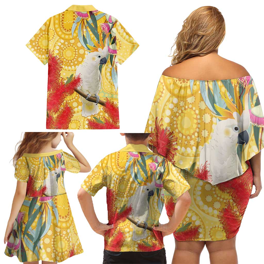 Sulphur-Crested Cockatoo Australia Aboriginal Art Family Matching Off Shoulder Short Dress and Hawaiian Shirt NAIDOC Week - Nature Lovers