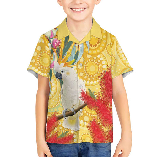 Sulphur-Crested Cockatoo Australia Aboriginal Art Family Matching Off Shoulder Short Dress and Hawaiian Shirt NAIDOC Week - Nature Lovers