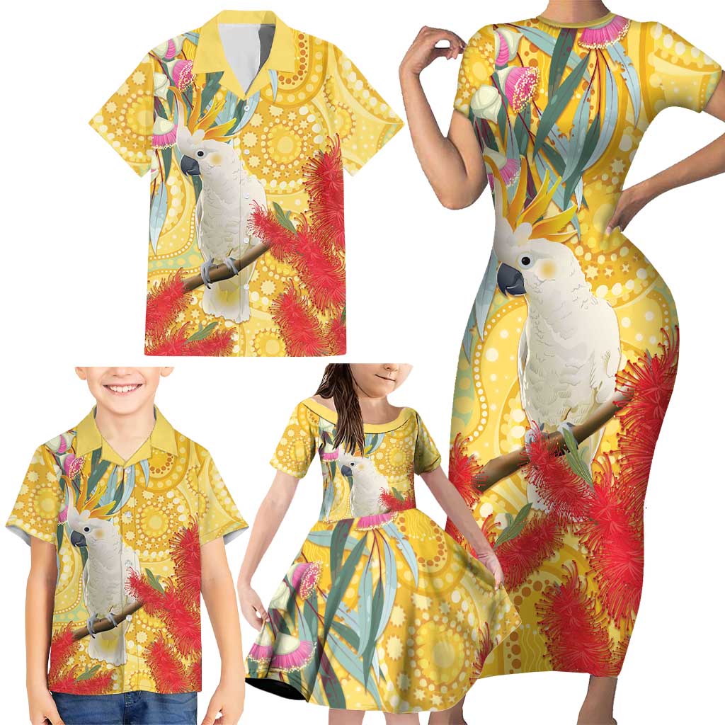 Sulphur-Crested Cockatoo Australia Aboriginal Art Family Matching Short Sleeve Bodycon Dress and Hawaiian Shirt NAIDOC Week - Nature Lovers