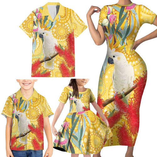 Sulphur-Crested Cockatoo Australia Aboriginal Art Family Matching Short Sleeve Bodycon Dress and Hawaiian Shirt NAIDOC Week - Nature Lovers