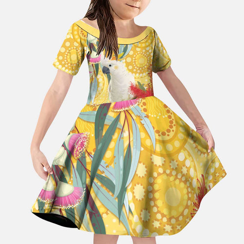 Sulphur-Crested Cockatoo Australia Aboriginal Art Kid Short Sleeve Dress NAIDOC Week - Nature Lovers