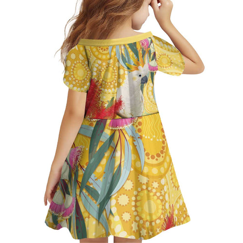 Sulphur-Crested Cockatoo Australia Aboriginal Art Kid Short Sleeve Dress NAIDOC Week - Nature Lovers