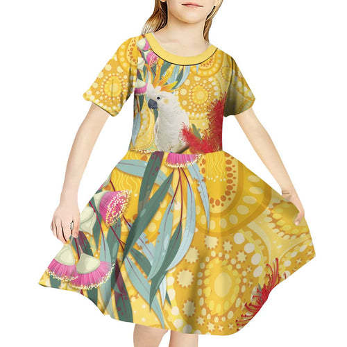 Sulphur-Crested Cockatoo Australia Aboriginal Art Kid Short Sleeve Dress NAIDOC Week - Nature Lovers