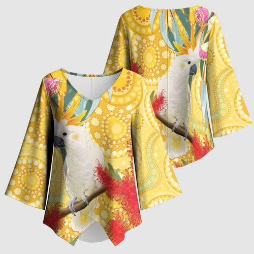 Sulphur-Crested Cockatoo Australia Aboriginal Art Kimono Sleeve Blouse NAIDOC Week - Nature Lovers