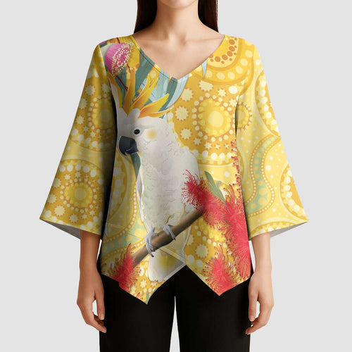 Sulphur-Crested Cockatoo Australia Aboriginal Art Kimono Sleeve Blouse NAIDOC Week - Nature Lovers