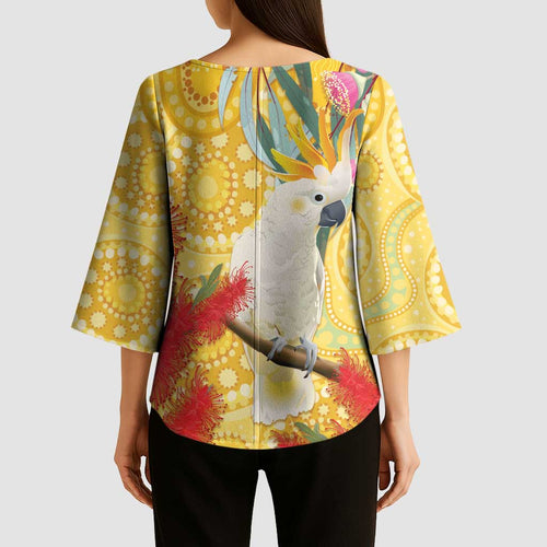 Sulphur-Crested Cockatoo Australia Aboriginal Art Kimono Sleeve Blouse NAIDOC Week - Nature Lovers