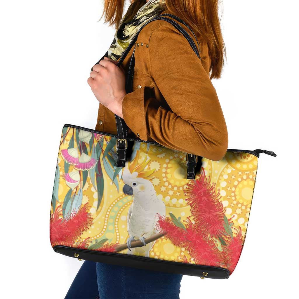 Sulphur-Crested Cockatoo Australia Aboriginal Art Leather Tote Bag NAIDOC Week - Nature Lovers