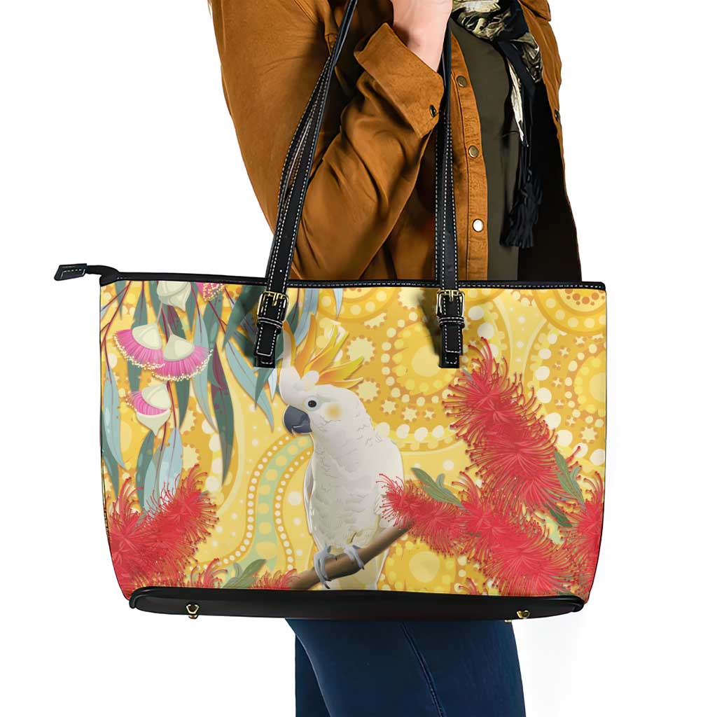Sulphur-Crested Cockatoo Australia Aboriginal Art Leather Tote Bag NAIDOC Week - Nature Lovers