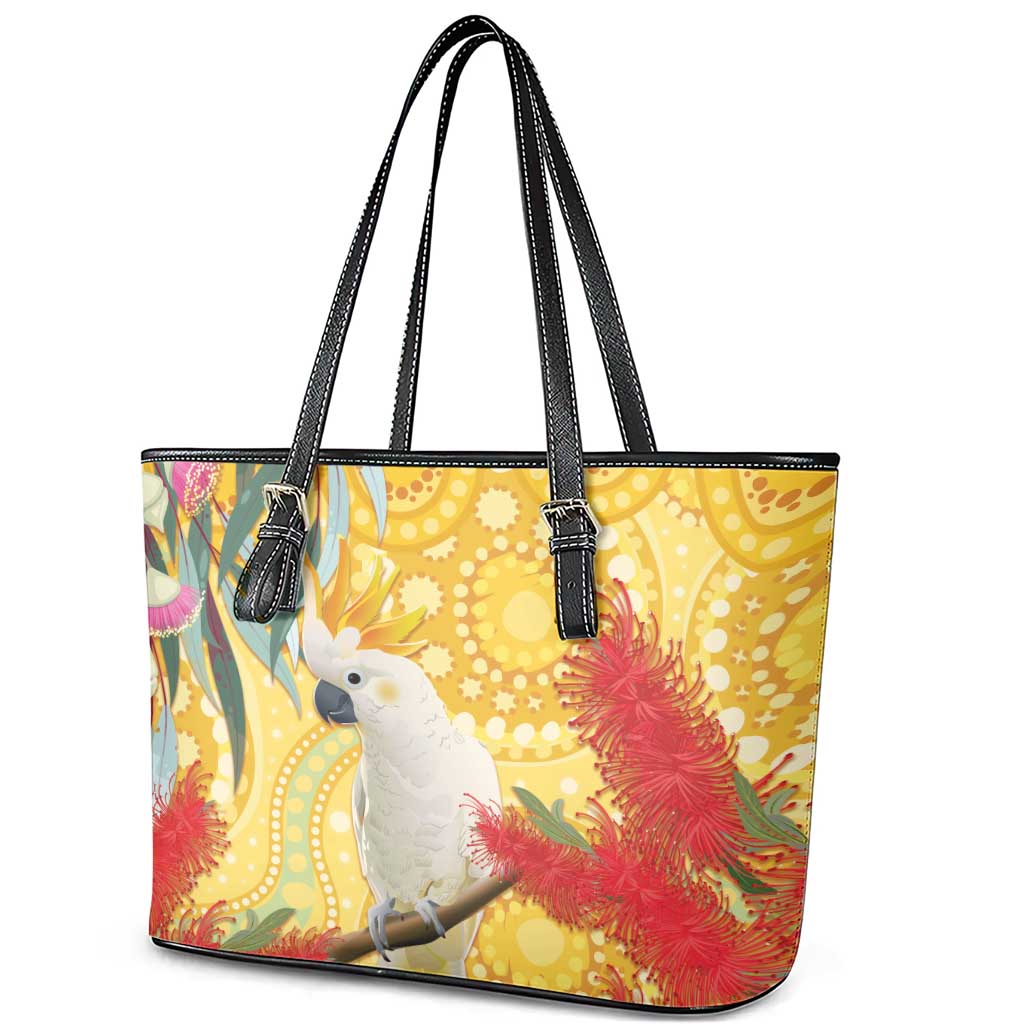 Sulphur-Crested Cockatoo Australia Aboriginal Art Leather Tote Bag NAIDOC Week - Nature Lovers