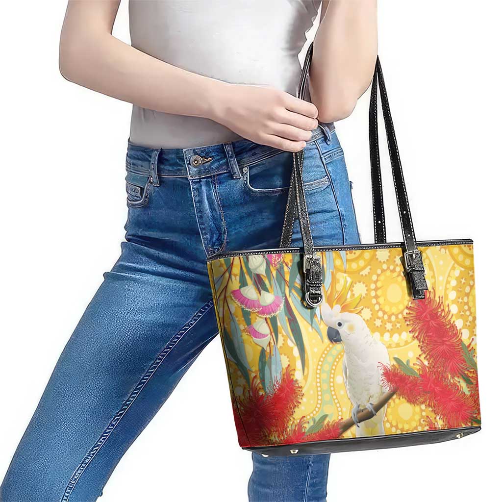 Sulphur-Crested Cockatoo Australia Aboriginal Art Leather Tote Bag NAIDOC Week - Nature Lovers