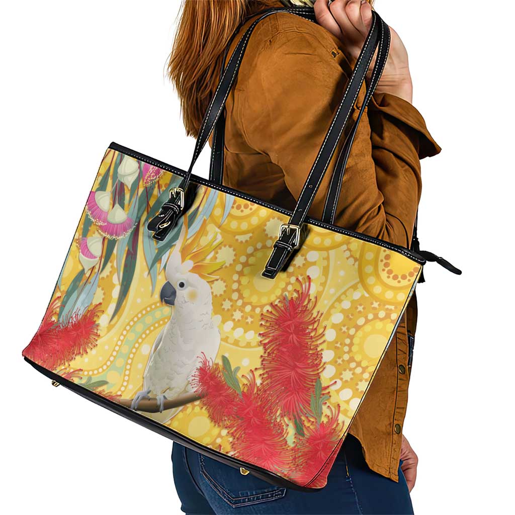 Sulphur-Crested Cockatoo Australia Aboriginal Art Leather Tote Bag NAIDOC Week - Nature Lovers