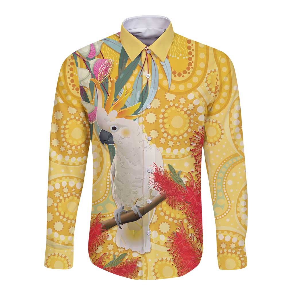 Sulphur-Crested Cockatoo Australia Aboriginal Art Long Sleeve Button Shirt NAIDOC Week - Nature Lovers