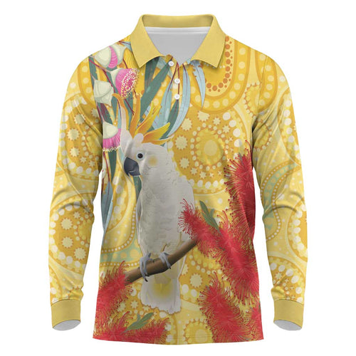 Sulphur-Crested Cockatoo Australia Aboriginal Art Long Sleeve Polo Shirt NAIDOC Week - Nature Lovers