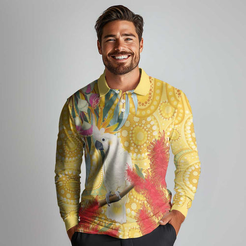 Sulphur-Crested Cockatoo Australia Aboriginal Art Long Sleeve Polo Shirt NAIDOC Week - Nature Lovers