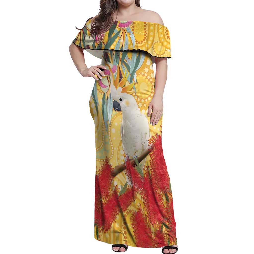 Sulphur-Crested Cockatoo Australia Aboriginal Art Off Shoulder Maxi Dress NAIDOC Week - Nature Lovers