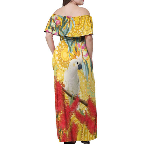 Sulphur-Crested Cockatoo Australia Aboriginal Art Off Shoulder Maxi Dress NAIDOC Week - Nature Lovers