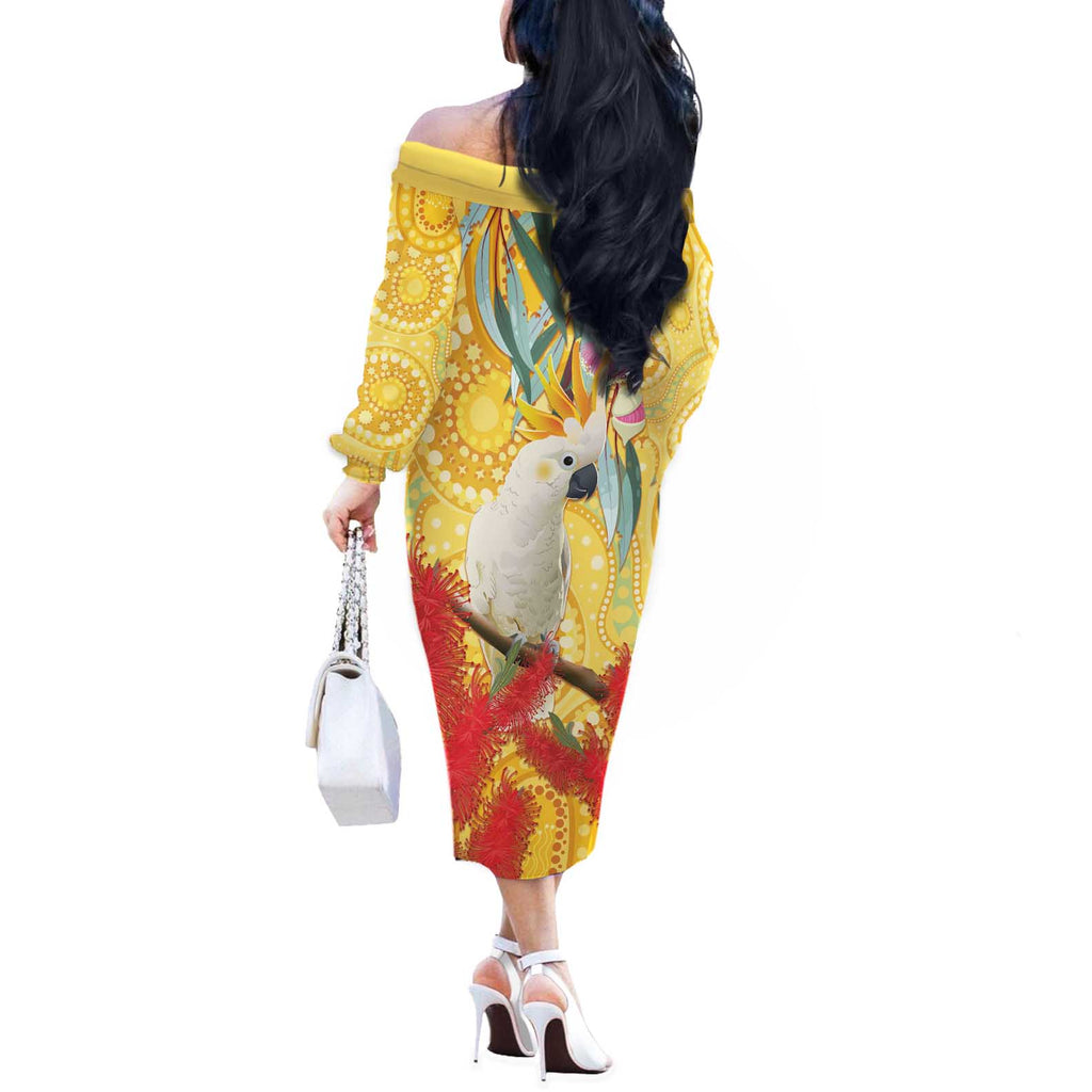 Sulphur-Crested Cockatoo Australia Aboriginal Art Off The Shoulder Long Sleeve Dress NAIDOC Week - Nature Lovers