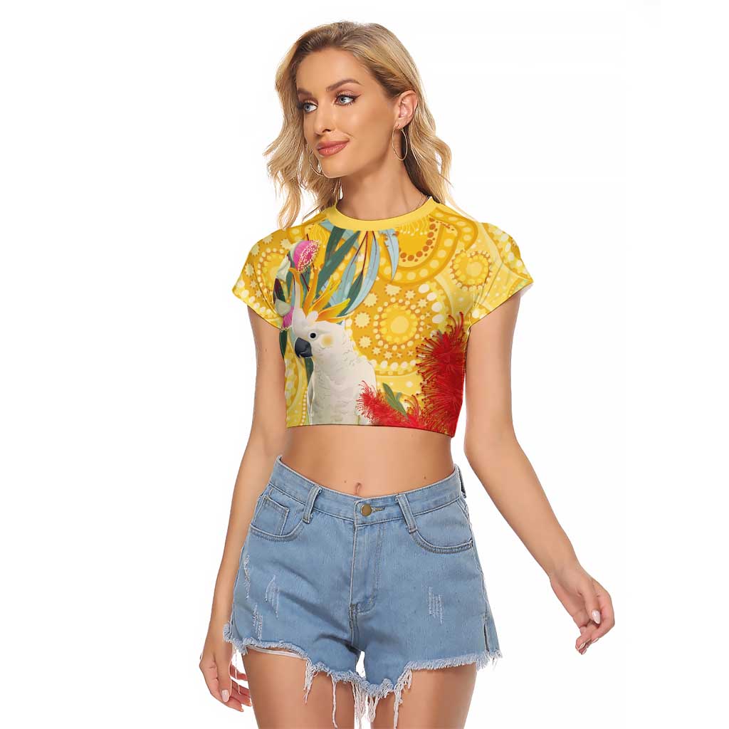 Sulphur-Crested Cockatoo Australia Aboriginal Art Raglan Cropped T Shirt NAIDOC Week - Nature Lovers
