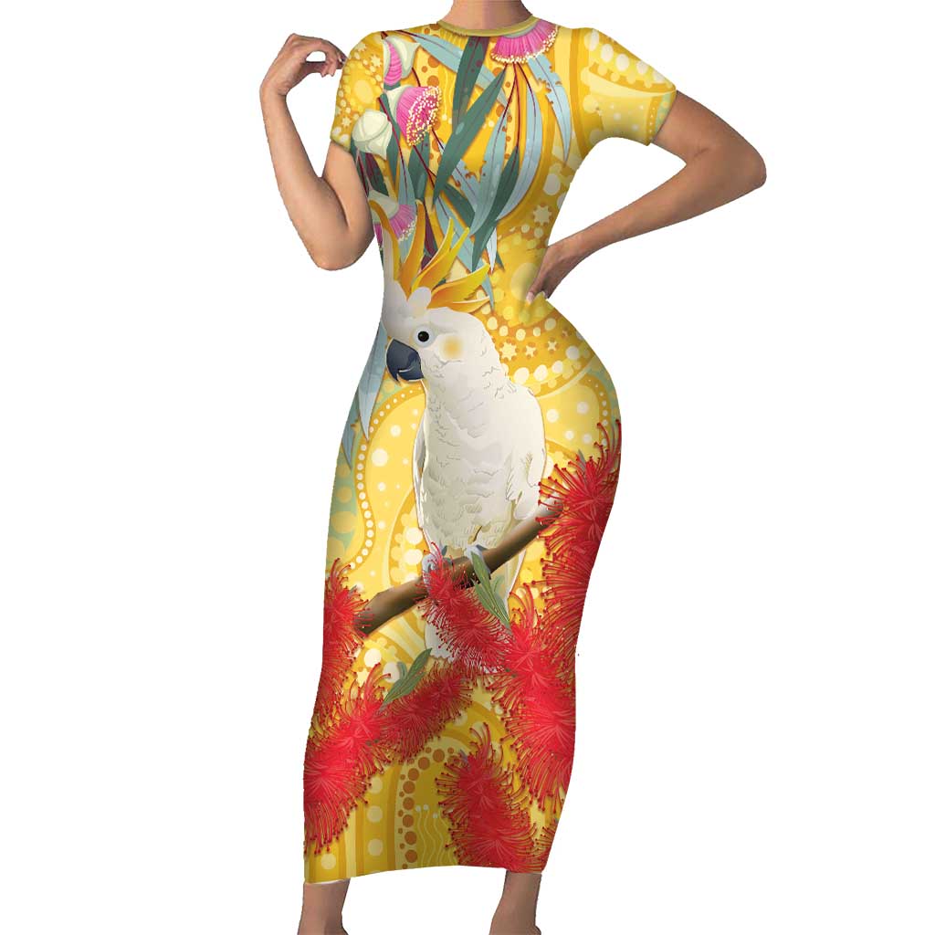 Sulphur-Crested Cockatoo Australia Aboriginal Art Short Sleeve Bodycon Dress NAIDOC Week - Nature Lovers