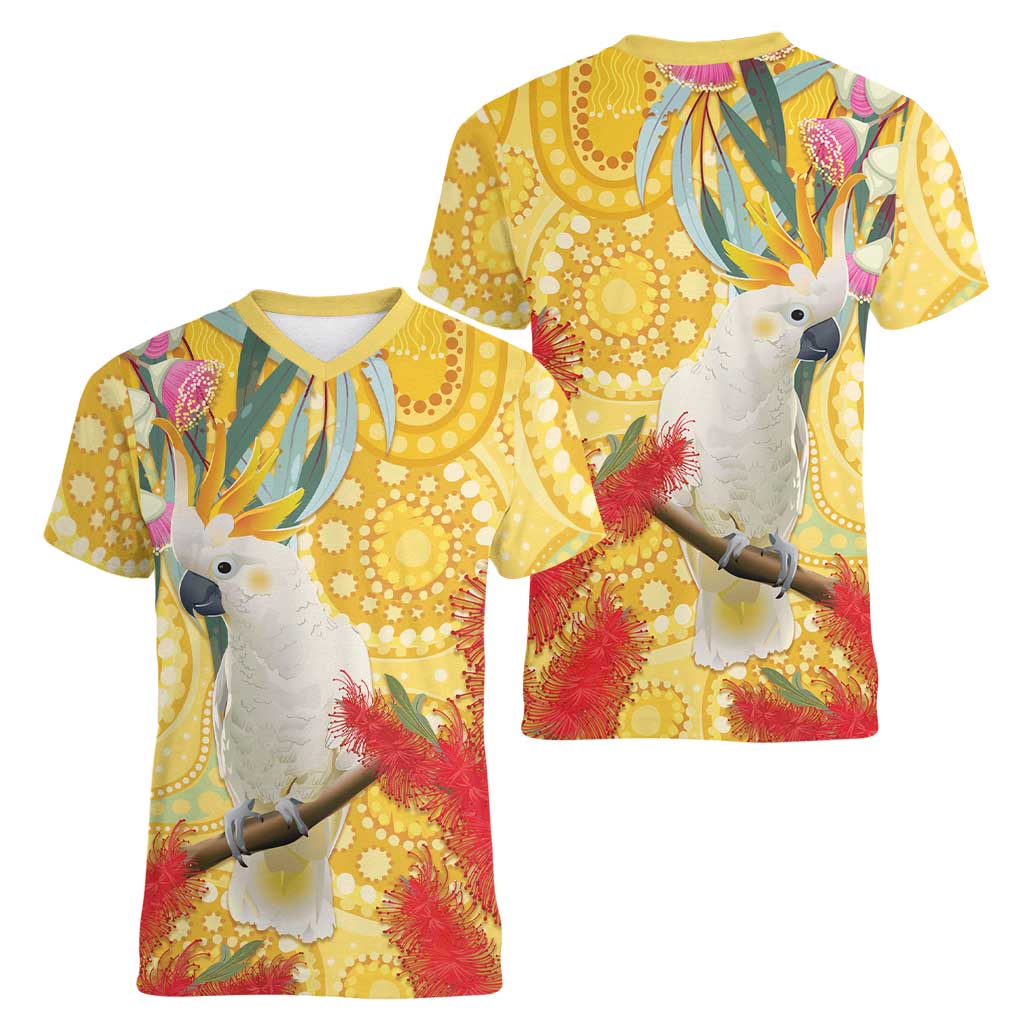 Sulphur-Crested Cockatoo Australia Aboriginal Art Women V-Neck T-Shirt NAIDOC Week - Nature Lovers