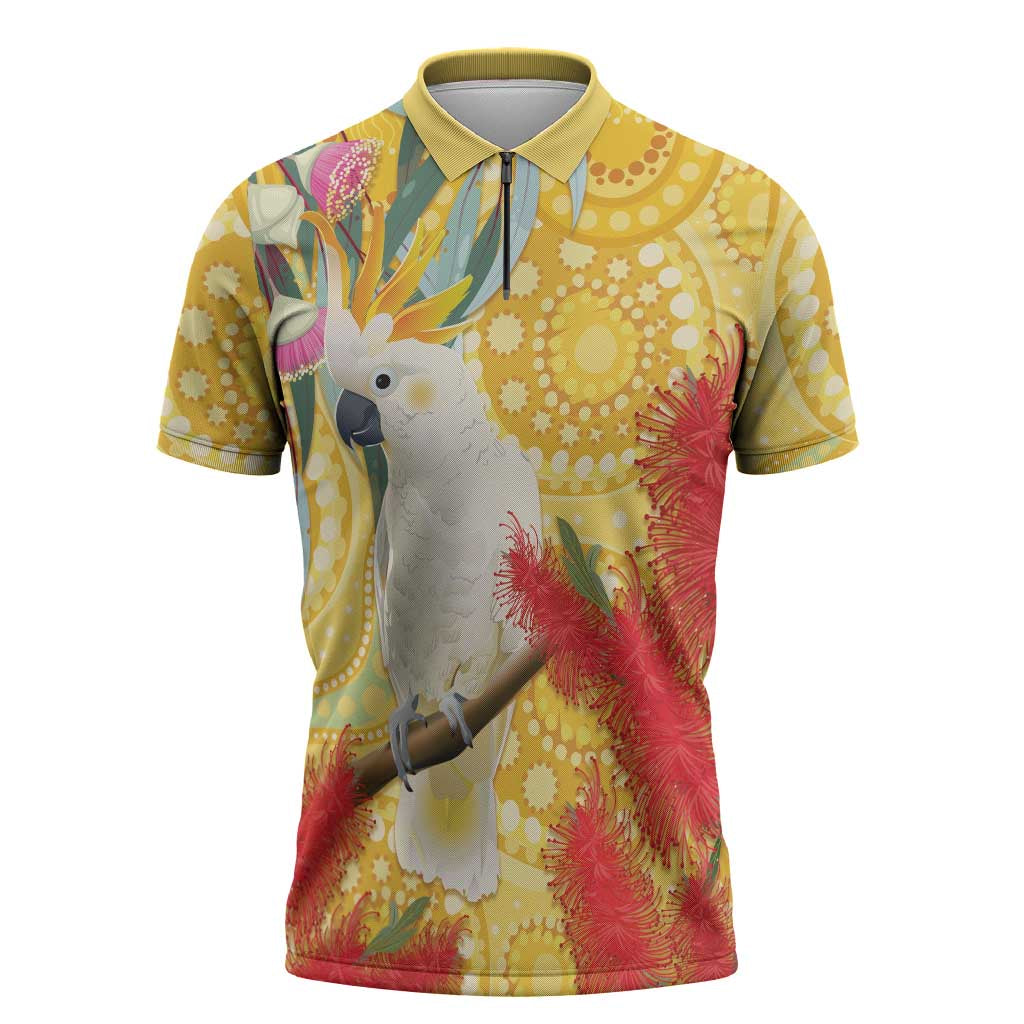 Sulphur-Crested Cockatoo Australia Aboriginal Art Zipper Polo Shirt NAIDOC Week - Nature Lovers