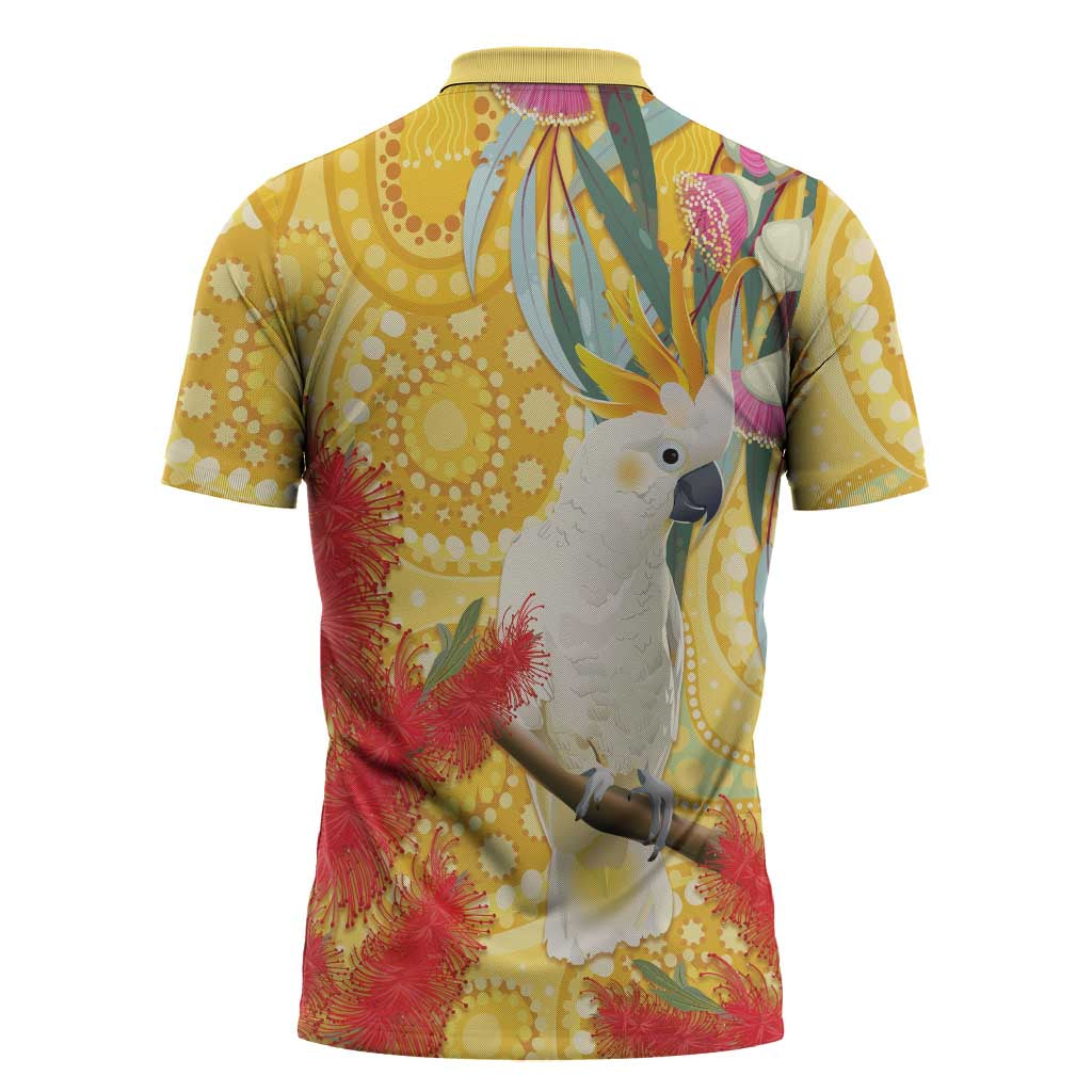 Sulphur-Crested Cockatoo Australia Aboriginal Art Zipper Polo Shirt NAIDOC Week - Nature Lovers