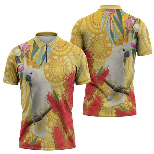 Sulphur-Crested Cockatoo Australia Aboriginal Art Zipper Polo Shirt NAIDOC Week - Nature Lovers