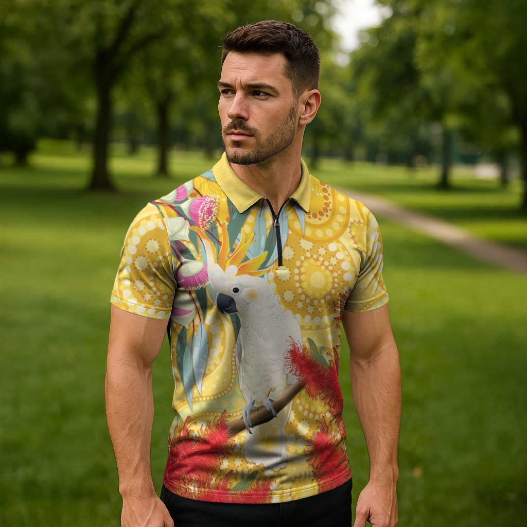 Sulphur-Crested Cockatoo Australia Aboriginal Art Zipper Polo Shirt NAIDOC Week - Nature Lovers