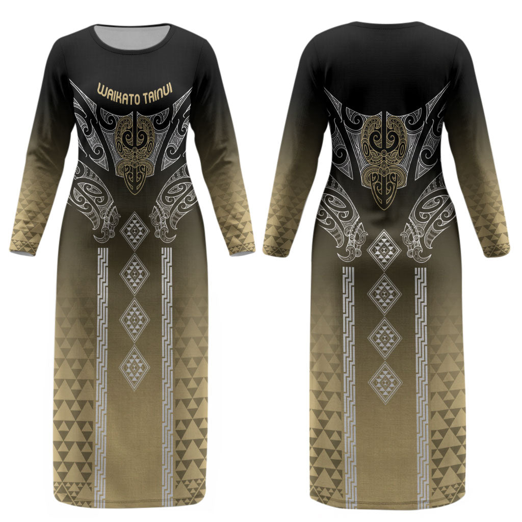 Aotearoa Maori Iwi Heritage Couples Matching Long Sleeve Bodycon Dress and Hawaiian Shirt Waikato Tainui Parauri