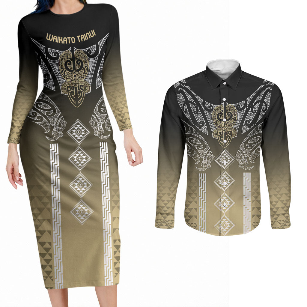Aotearoa Maori Iwi Heritage Couples Matching Long Sleeve Bodycon Dress and Long Sleeve Button Shirt Waikato Tainui Parauri