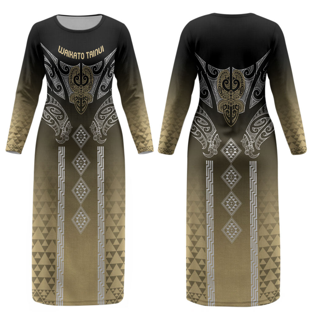 Aotearoa Maori Iwi Heritage Couples Matching Long Sleeve Bodycon Dress and Long Sleeve Button Shirt Waikato Tainui Parauri