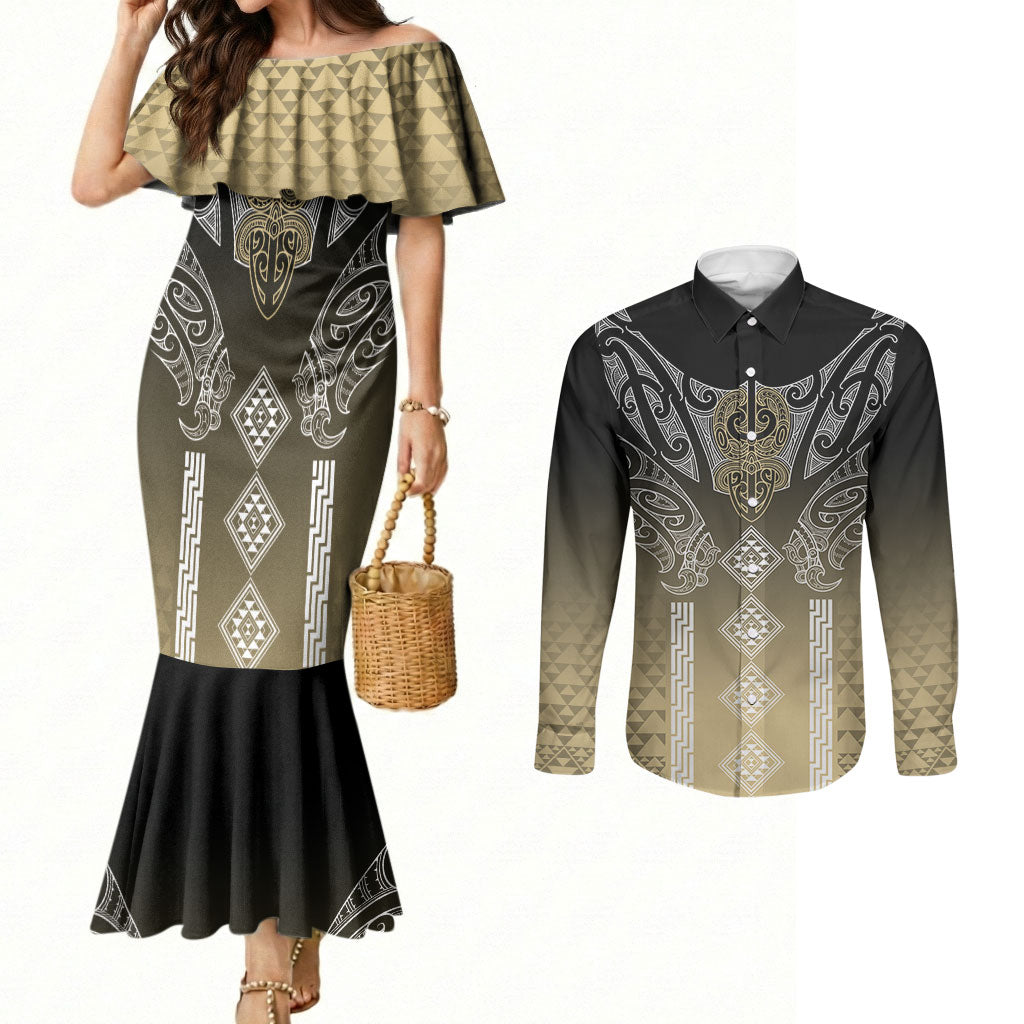 Aotearoa Maori Iwi Heritage Couples Matching Mermaid Dress and Long Sleeve Button Shirt Waikato Tainui Parauri