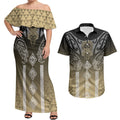 Aotearoa Maori Iwi Heritage Couples Matching Off Shoulder Maxi Dress and Hawaiian Shirt Waikato Tainui Parauri